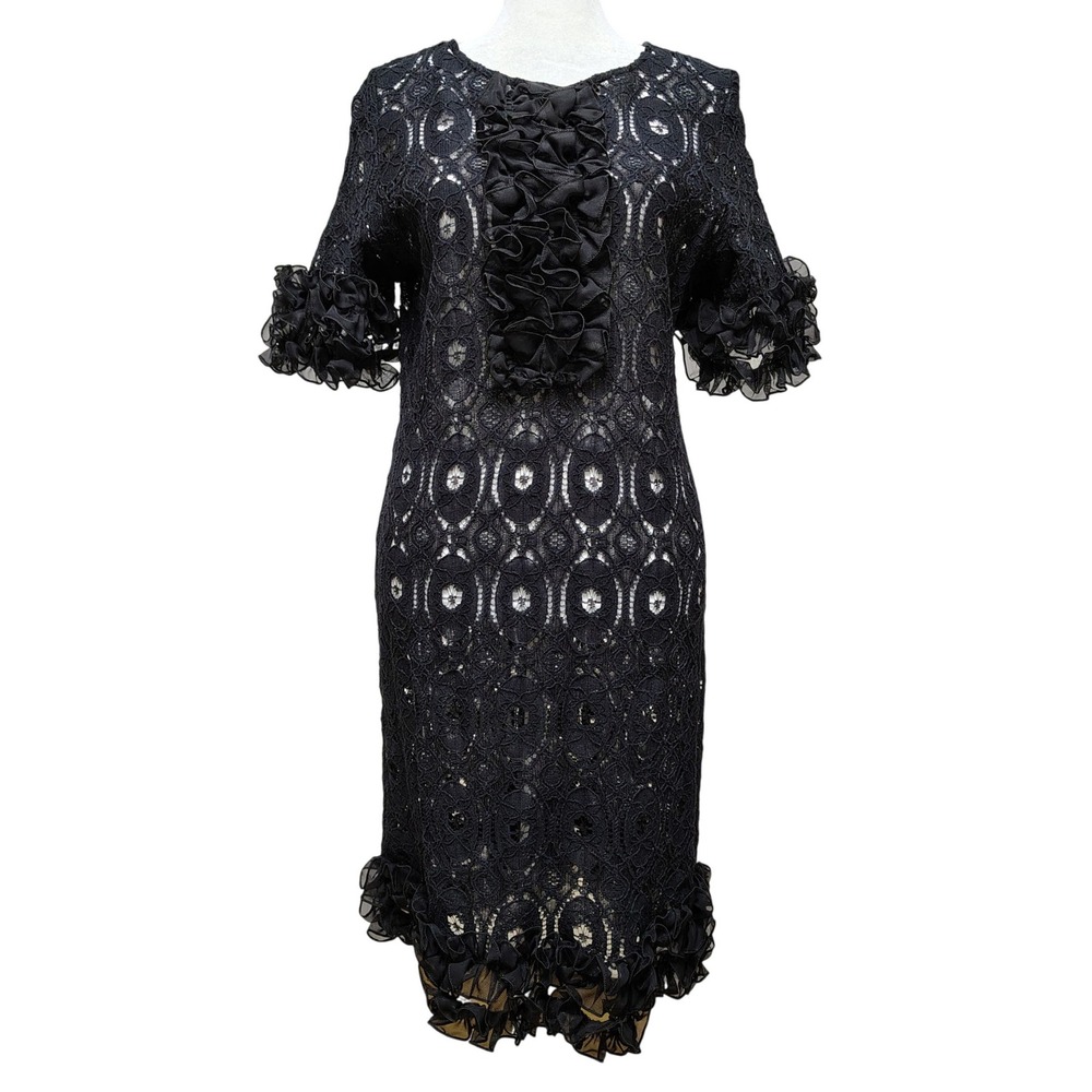 Charming Charlie Dress Black SHEER Lace Ruffle‎ Midi Elegant Cocktail Party